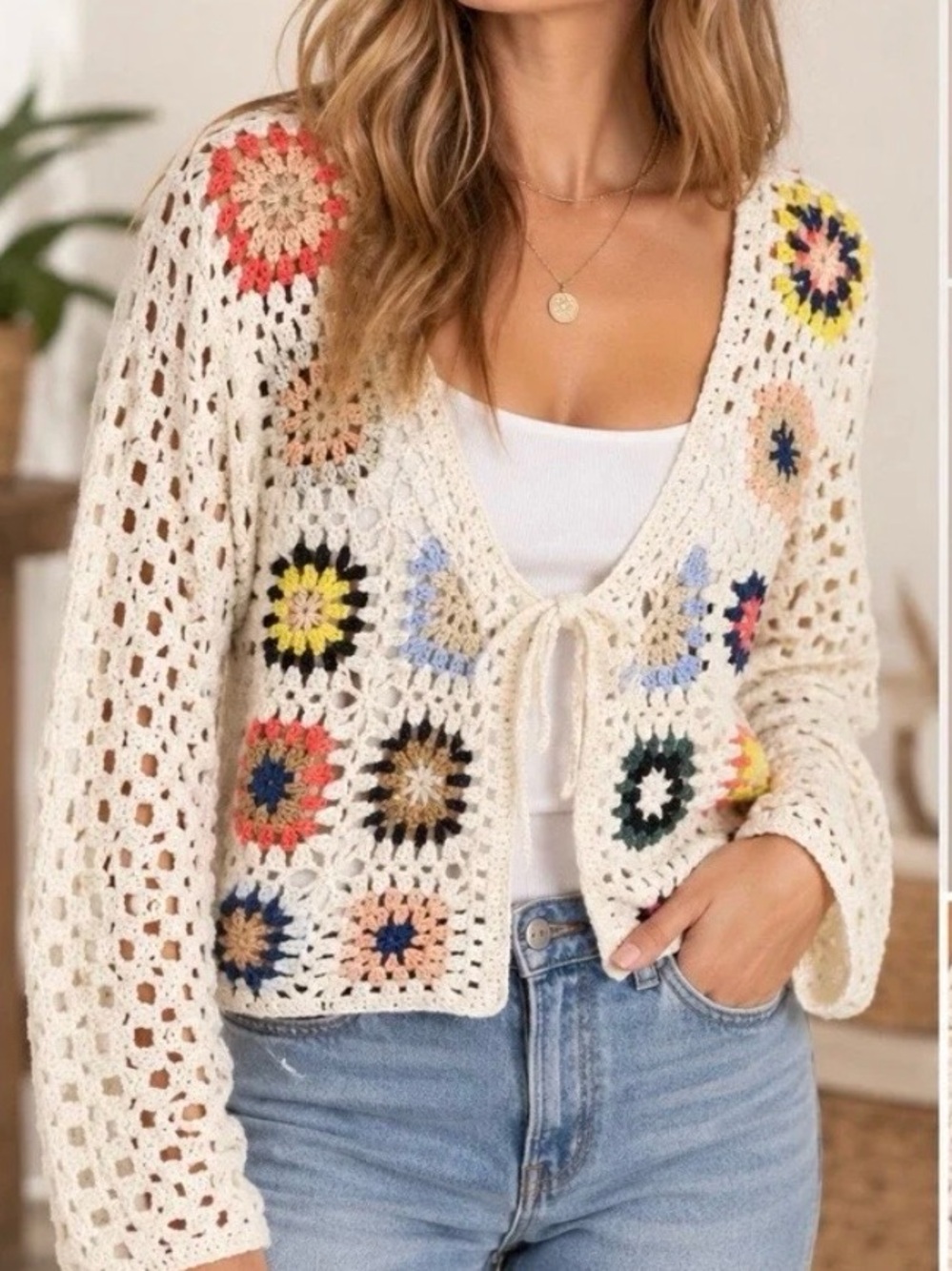 Boho granny square crochet cardigan loose knit tie front medium
